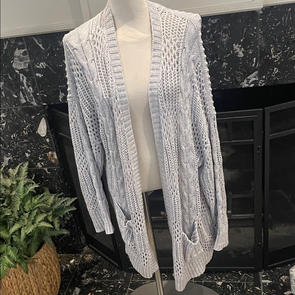 Terra & Sky Light Gray Open Cardigan with Cable Knit